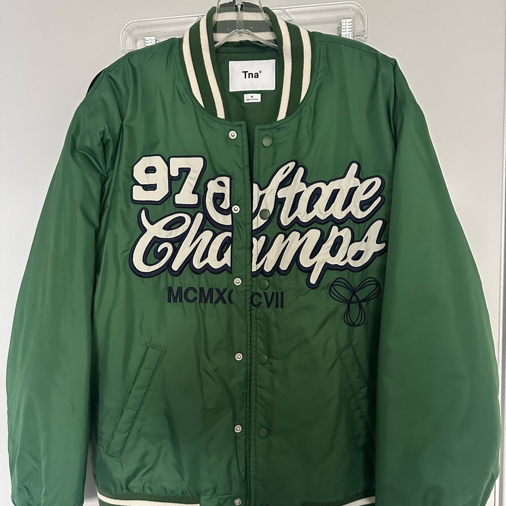 Final sale!! Aritzia TNA Green and White Varsity Bomber Jacket